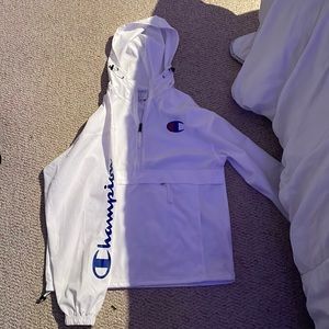 Champion windbreak, mens medium, white with champion symbol on chest and on arm.